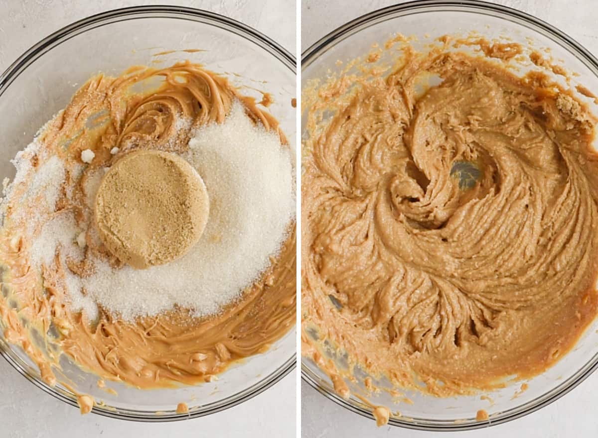 two photos showing how to make Peanut Butter Chocolate Chip Cookies - beating sugars into peanut butter mixture