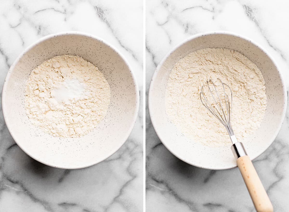 two photos showing How to Make Sugar Cookie Bars - mixing dry ingredients