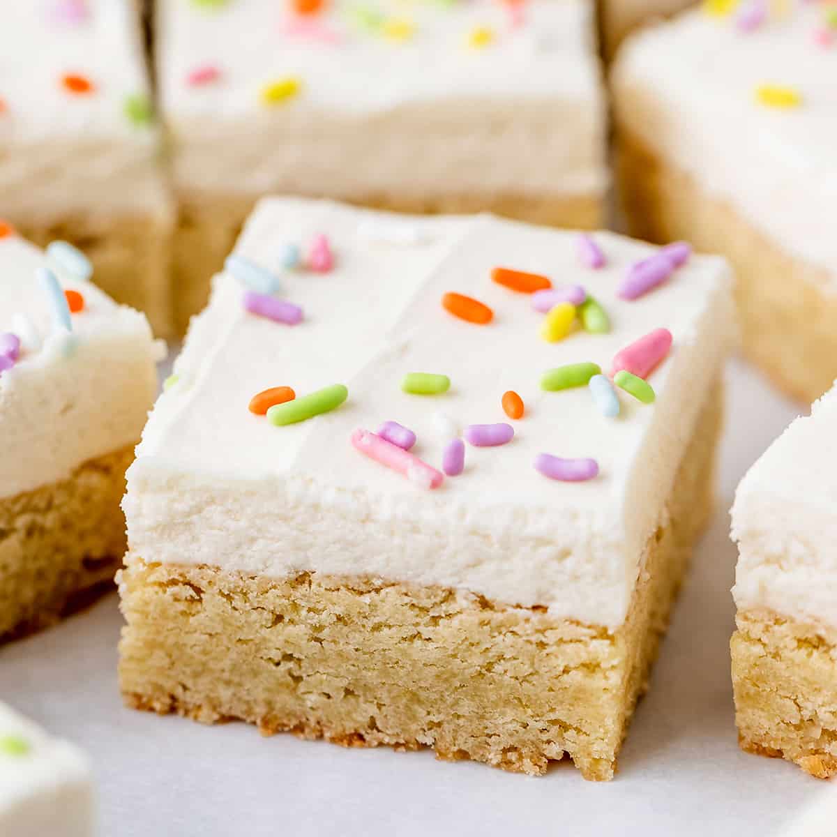 Sugar Cookie Bars with frosting and sprinkles