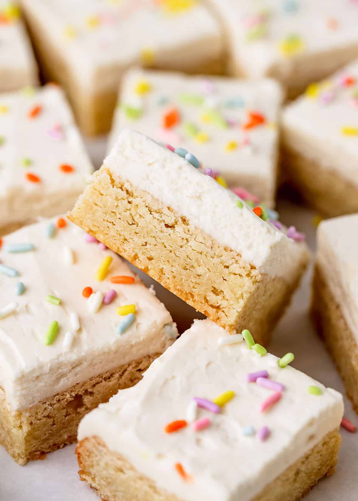 Sugar Cookie Bars with frosting and sprinkles