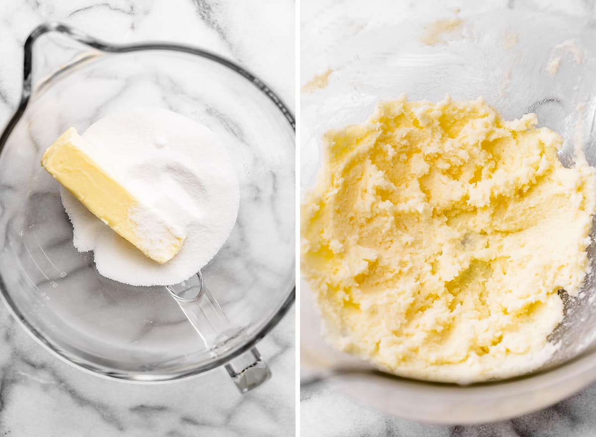 two photos showing How to Make Sugar Cookie Bars - creaming butter and sugar