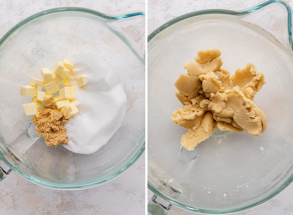 two photos showing how to make white chocolate macadamia nut cookies - beating butter and sugars