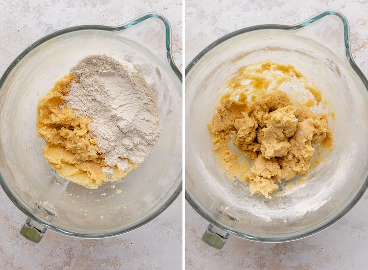 two photos showing how to make white chocolate macadamia nut cookies - mixing dry and wet ingredients