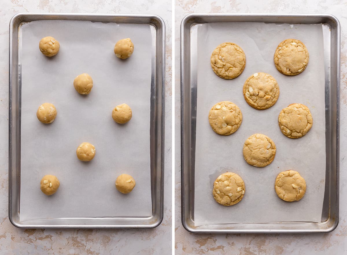 white chocolate macadamia nut cookies on a baking sheet before and after baking