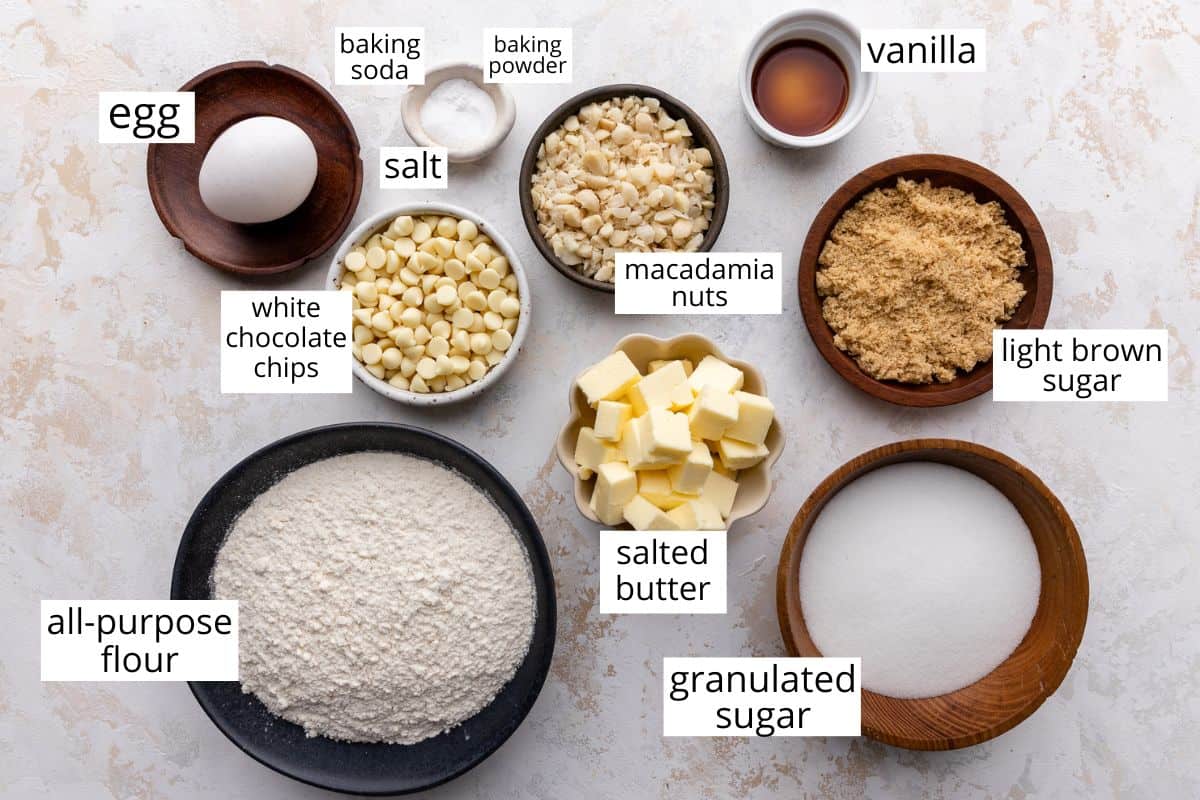 overhead photo of the ingredients in this White Chocolate Macadamia Nut Cookies recipe