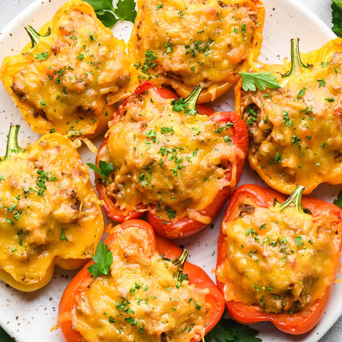 7 stuffed peppers on a plate