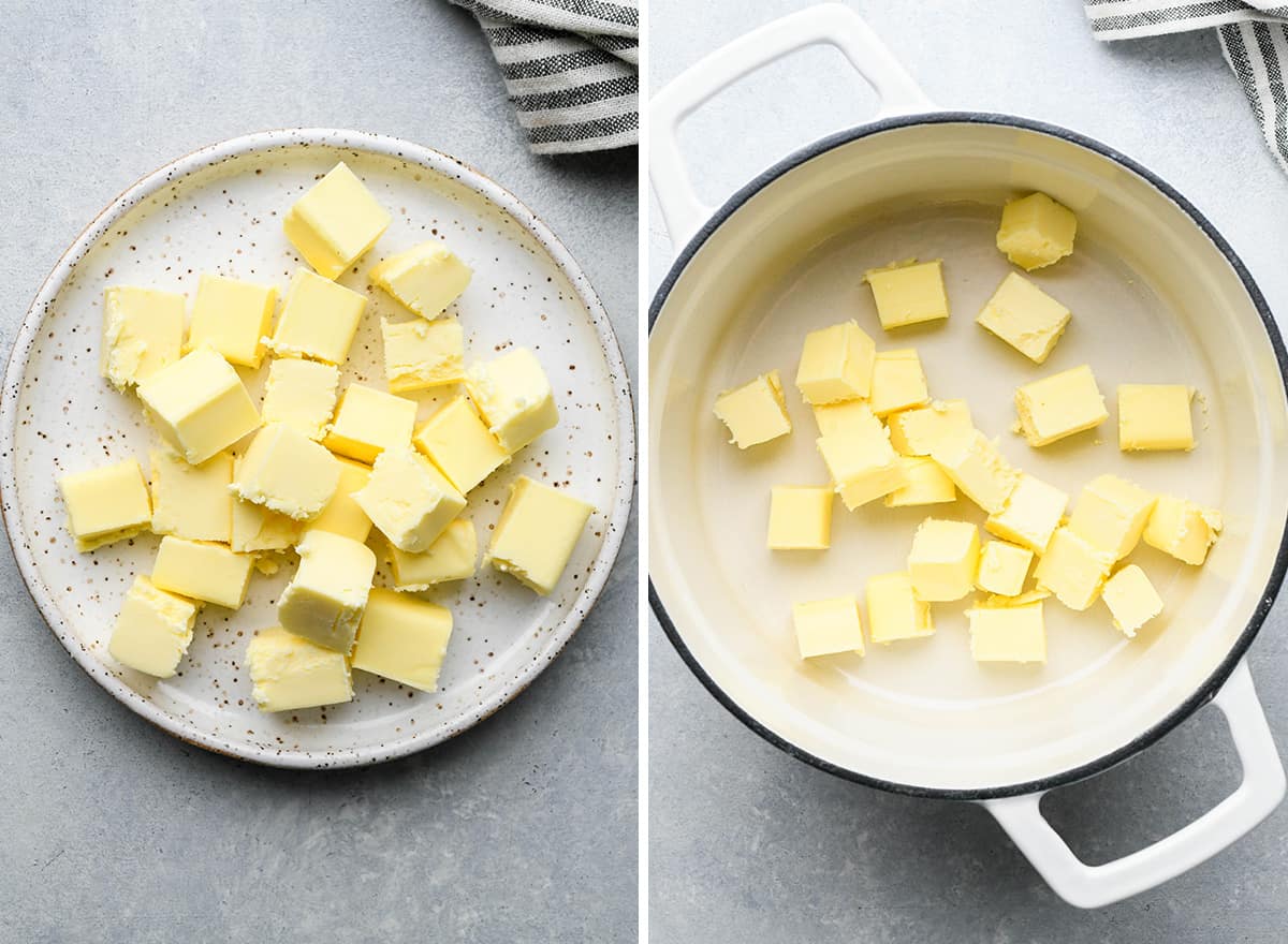 two photos showing How to Make Brown Butter Chocolate Chip Cookies - cubed butter in a dish then in a pan before melting