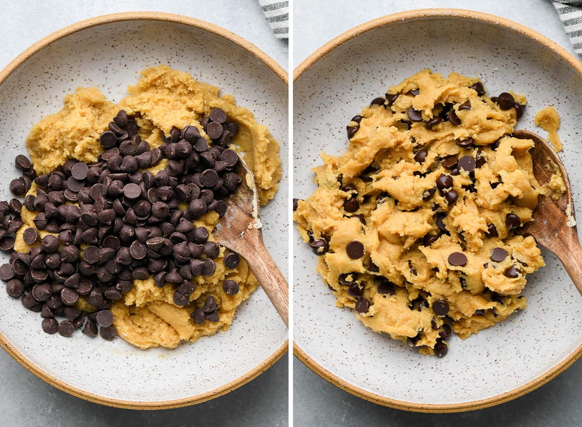 two photos showing How to Make Brown Butter Chocolate Chip Cookies - adding chocolate chips