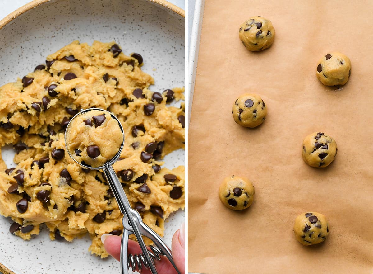 two photos showing How to Make Brown Butter Chocolate Chip Cookies - portioning and rolling dough