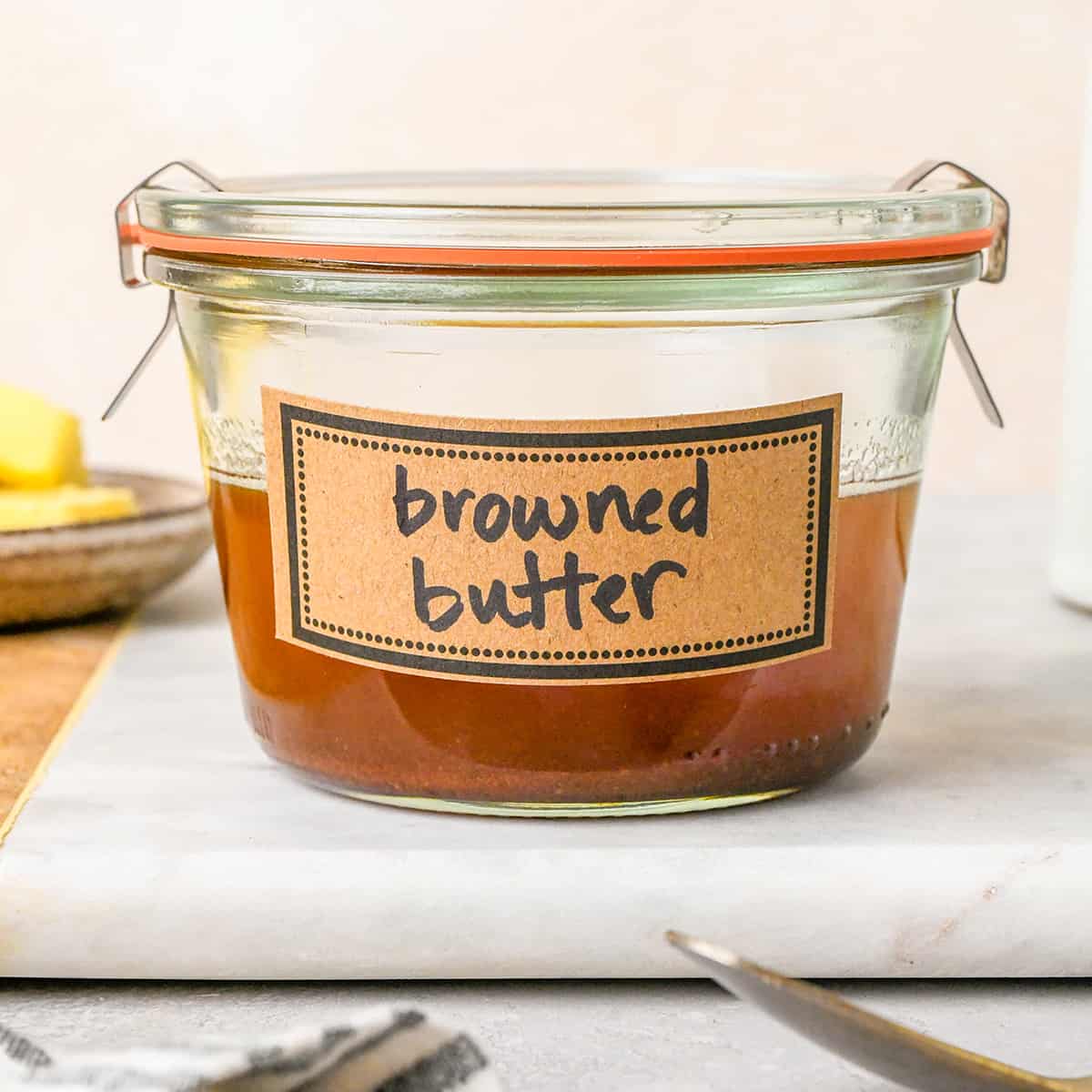 brown butter in a jar labeled "browned butter"
