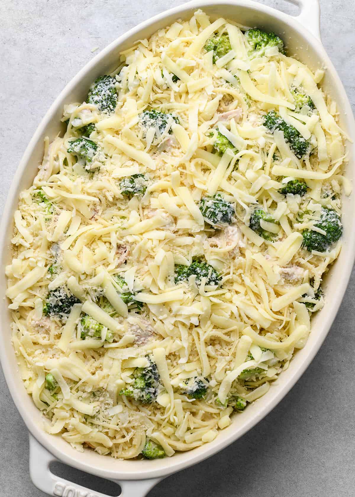 Chicken Tetrazzini with the topping in a baking dish before baking