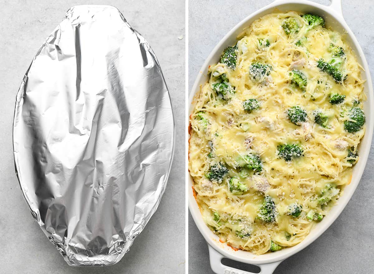 two photos showing Chicken Tetrazzini covered in foil then after baking