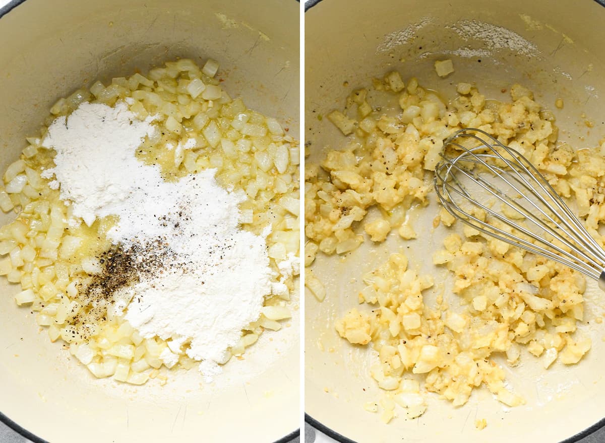 two photos showing making the roux for Chicken Tetrazzini sauce