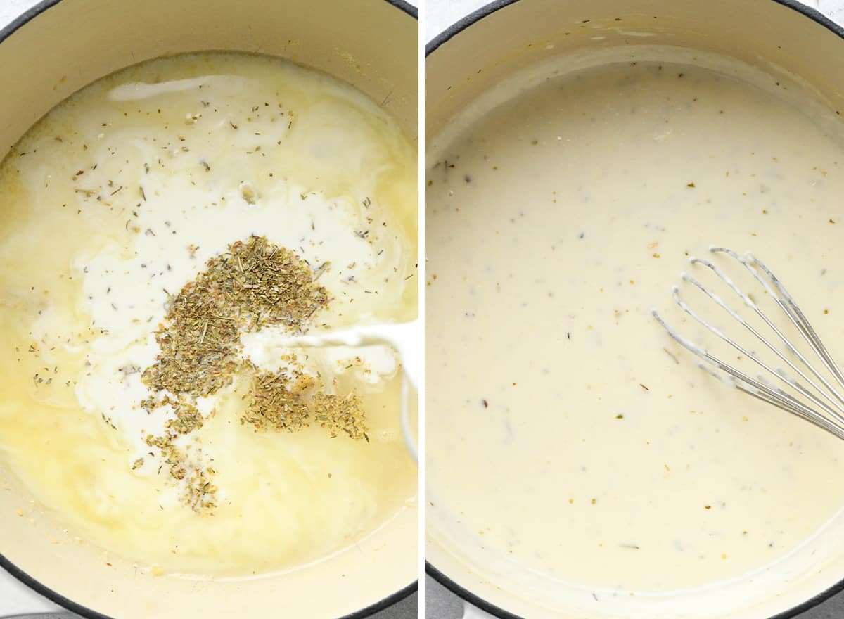 two photos showing making the sauce for Chicken Tetrazzini