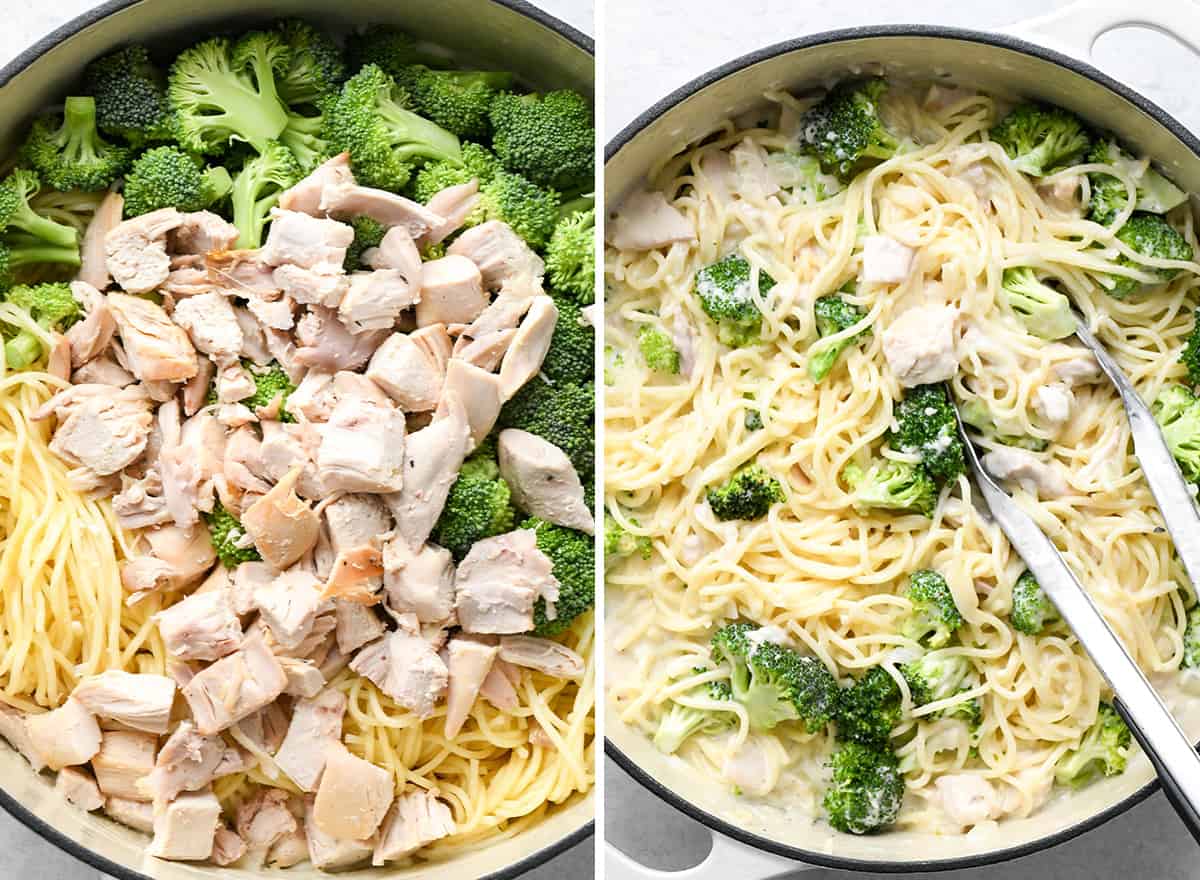 two photos showing assembling the Chicken Tetrazzini