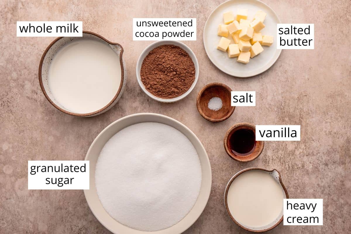 overhead view of the ingredients in this homemade Chocolate Fudge recipe