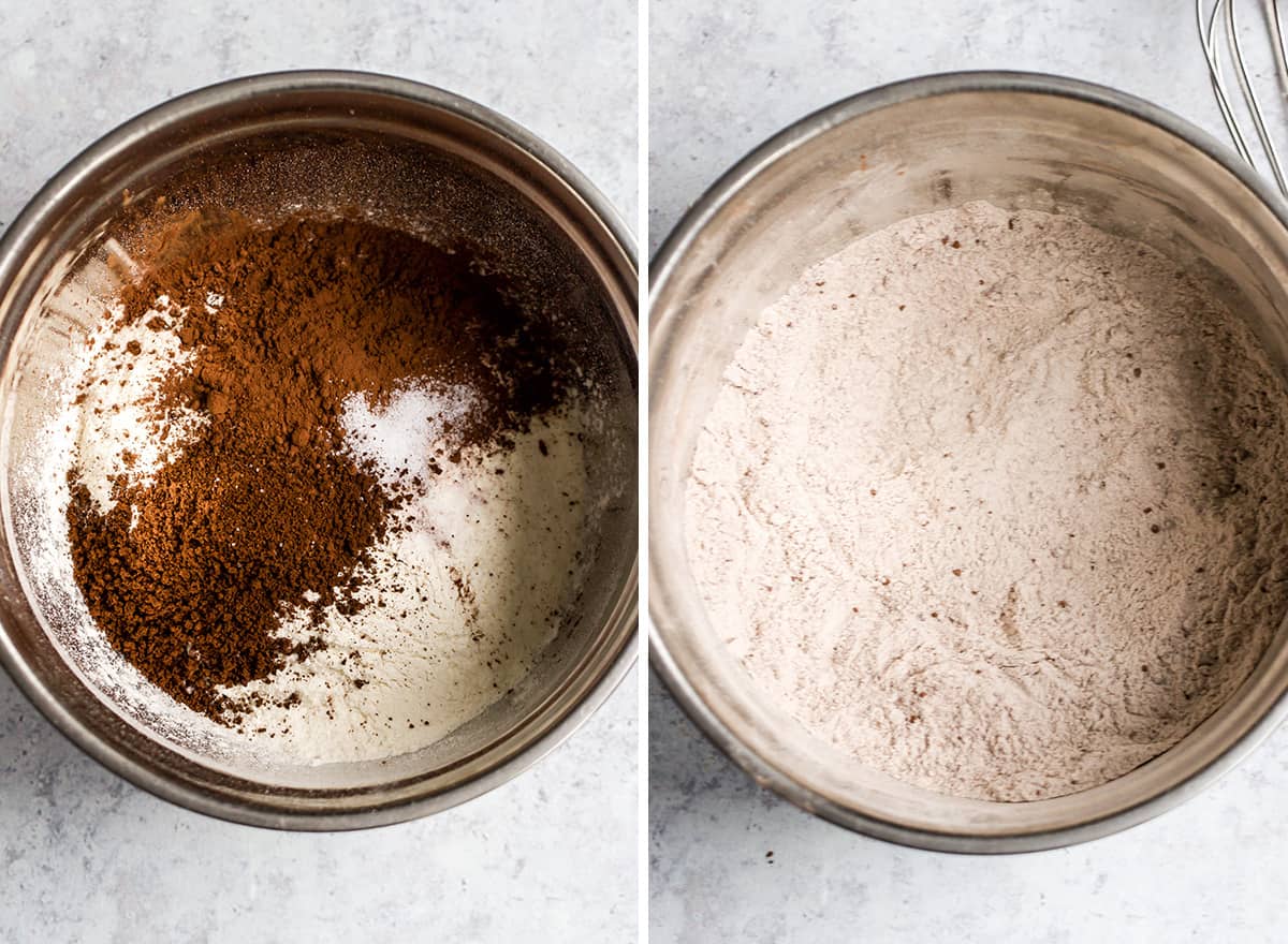 two photos showing how to make Coffee Brownies - combining dry ingredients