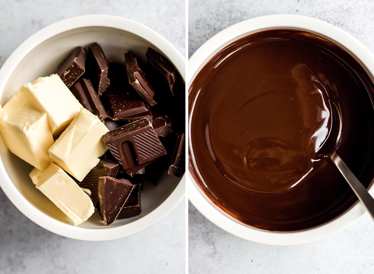 two photos showing how to make Coffee Brownies - melting butter and chocolate