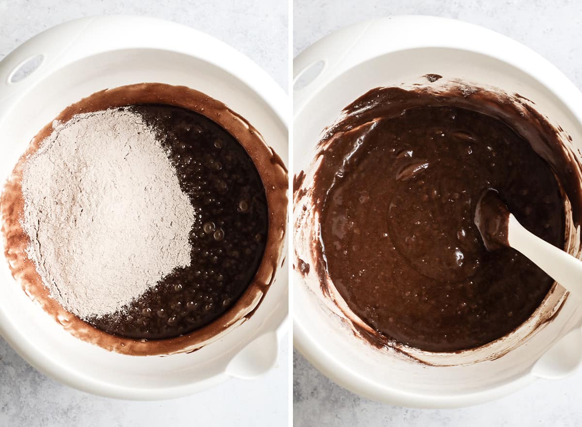 two photos showing how to make Coffee Brownies - combining wet and dry ingredients