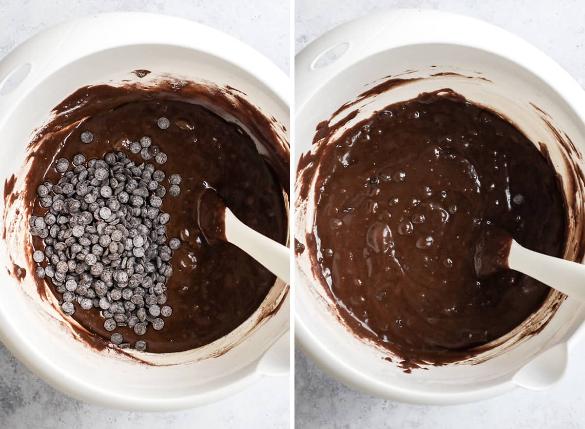 two photos showing how to make Coffee Brownies - stirring in chocolate chips