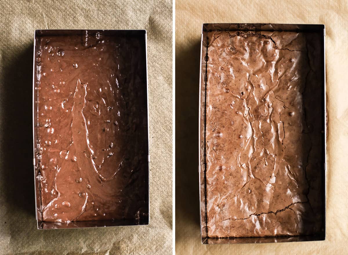 two photos showing how to make Coffee Brownies - before and after baking in the baking pan
