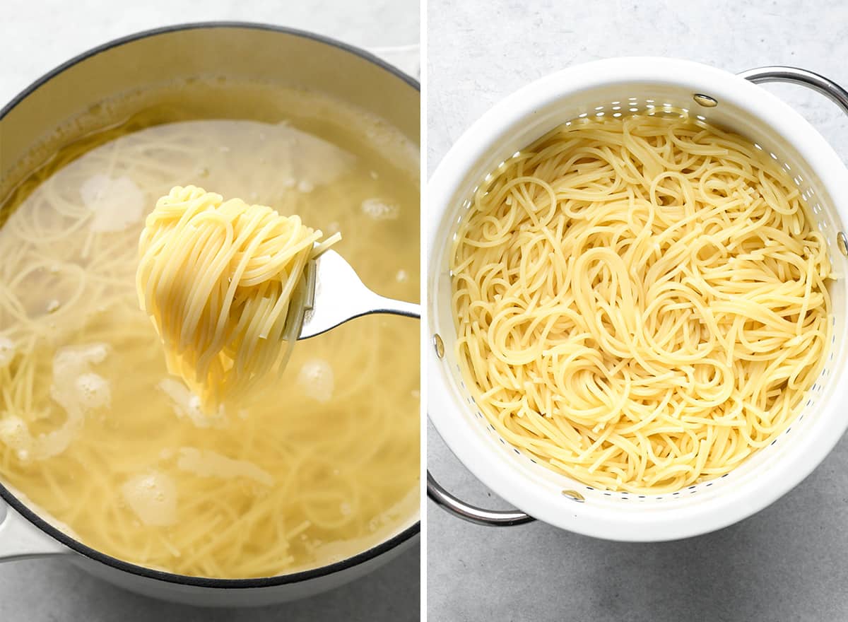 two photos showing pasta being cooked then drained to make Chicken Tetrazzini