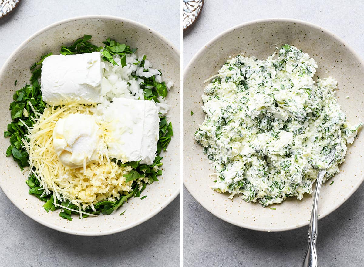 two photos showing how to make spinach stuffed chicken filling