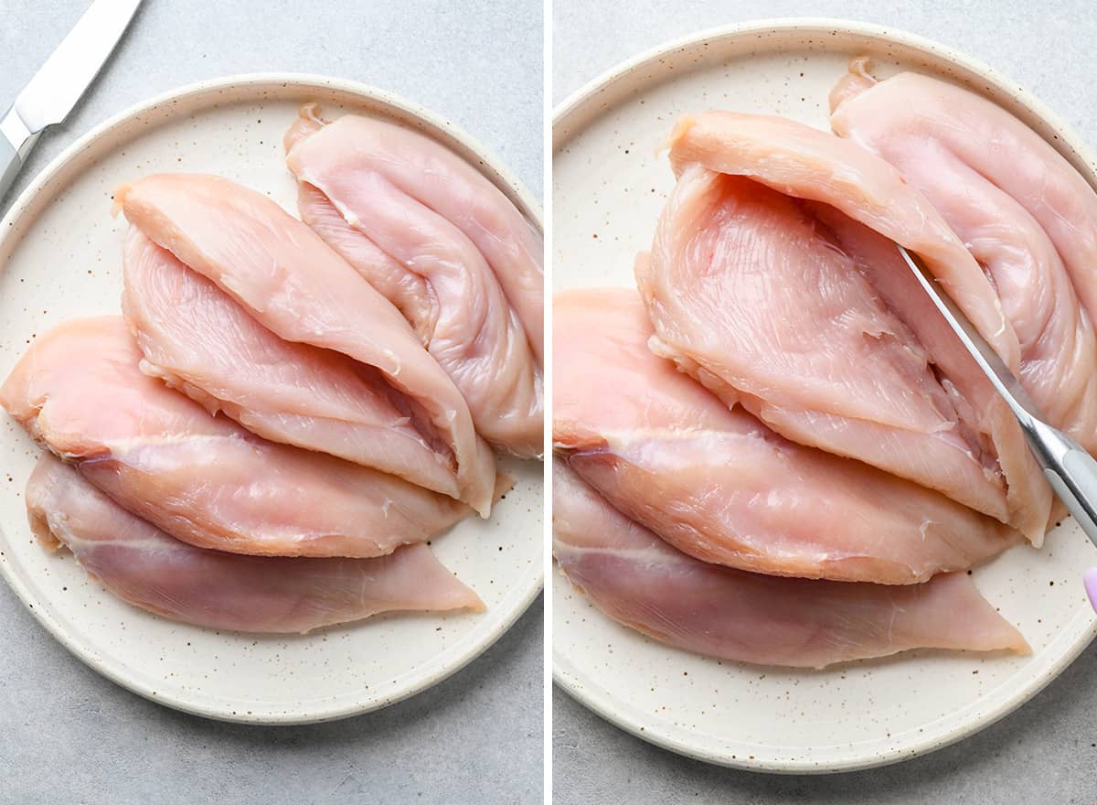 two photos showing how to cut a pocket in chicken to make stuffed chicken breasts