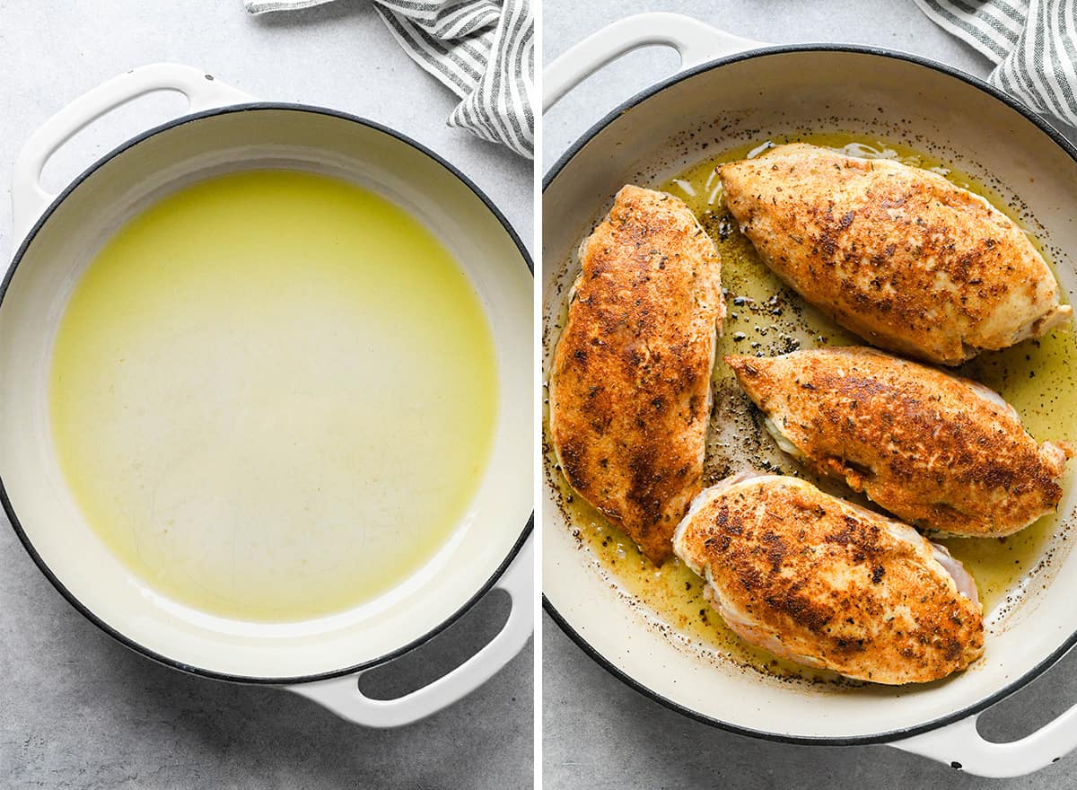 two photos showing cooking spinach stuffed chicken in a saute pan