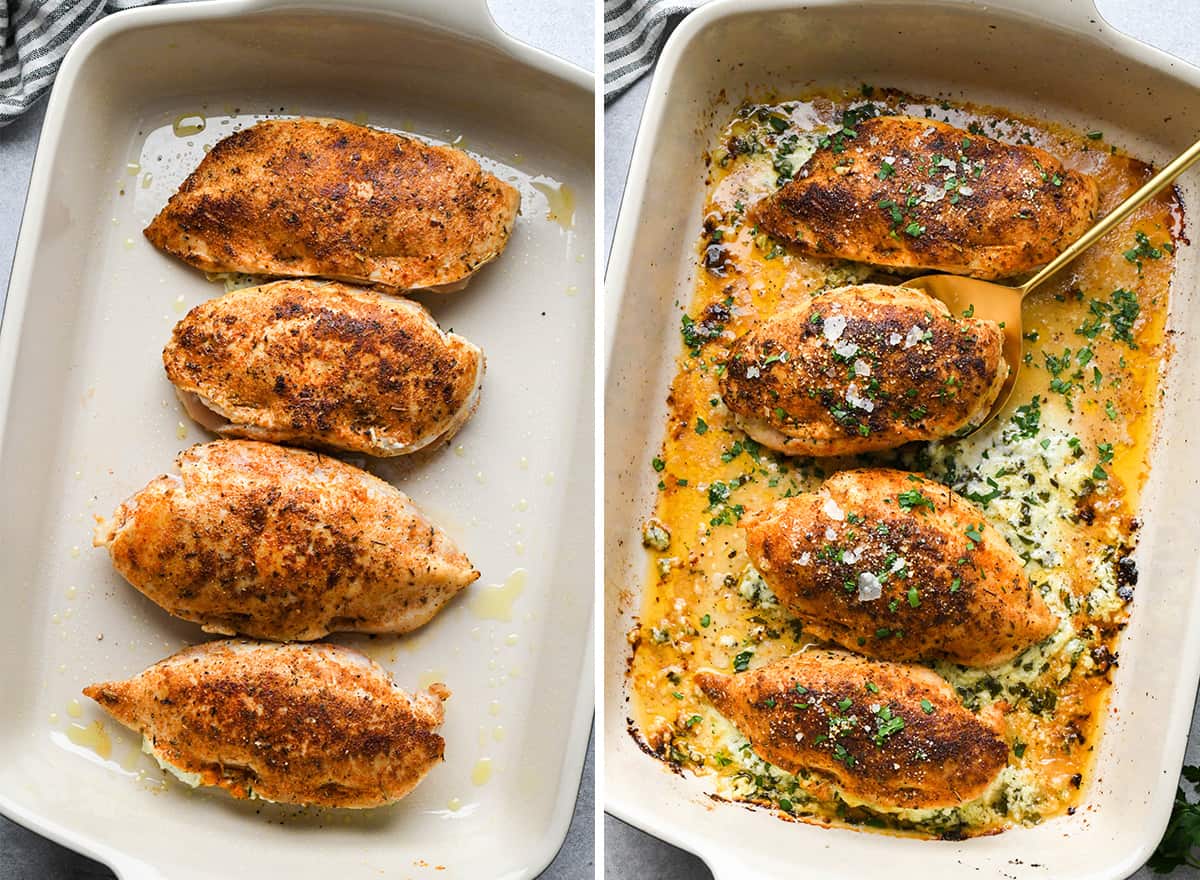two phots showing Spinach Stuffed Chicken Breasts in a baking dish before and after baking