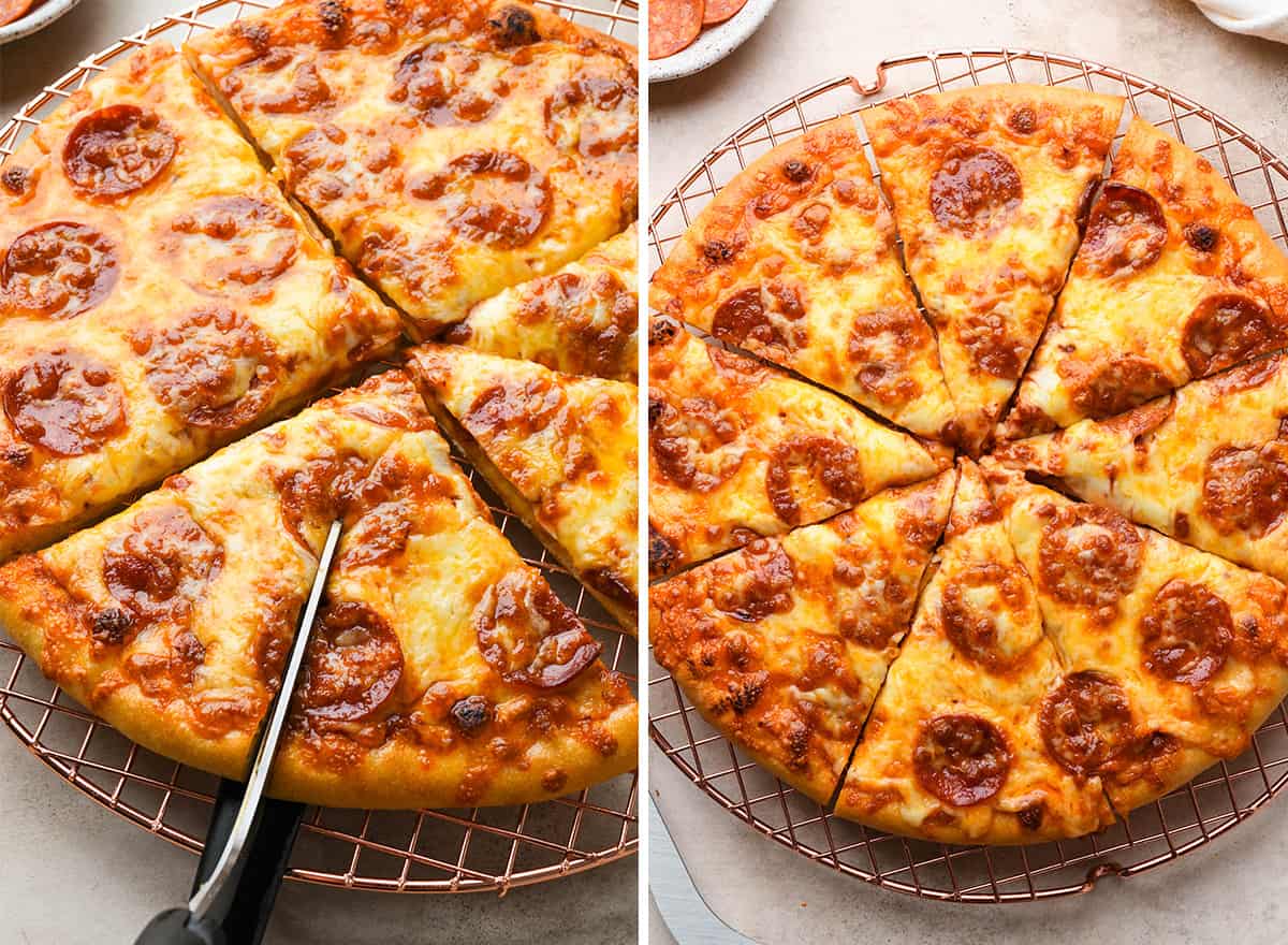 two photos showing cutting pepperoni pizza with pizza scissors on a cooling rack
