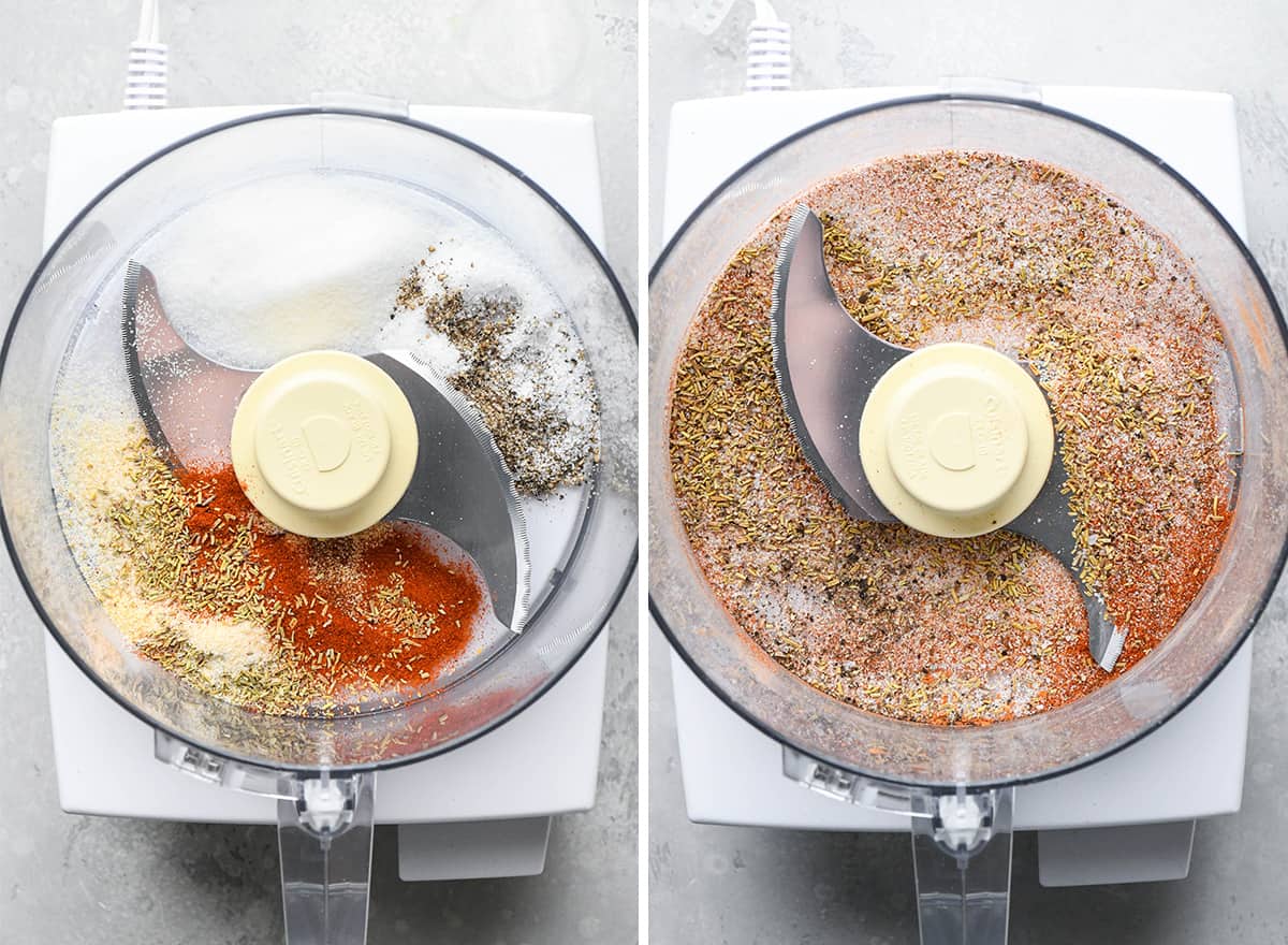 two photos showing making a spice rub for Oven Baked Salmon in a food processor