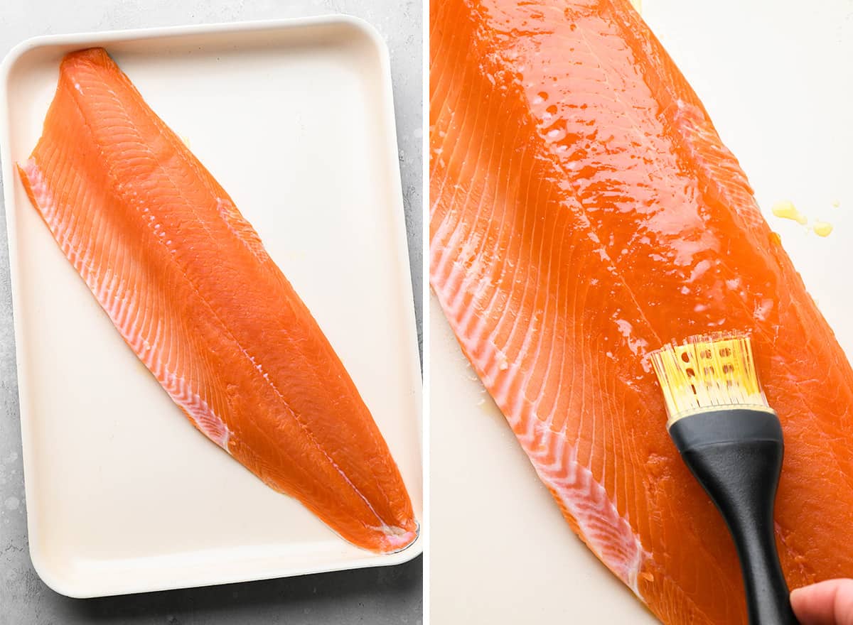 two photos showing How to Bake Salmon - rubbing olive oil on the salmon