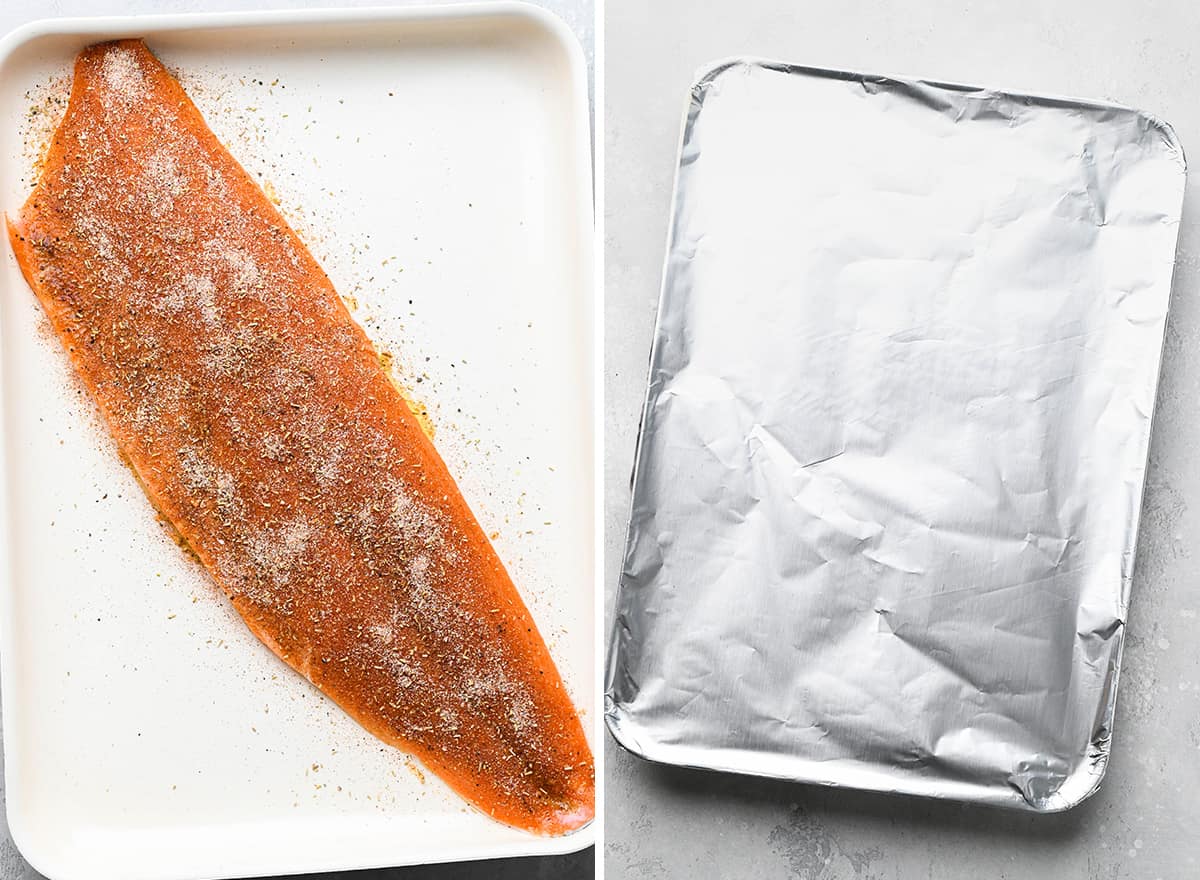 two photos showing How to Bake Salmon on a baking sheet
