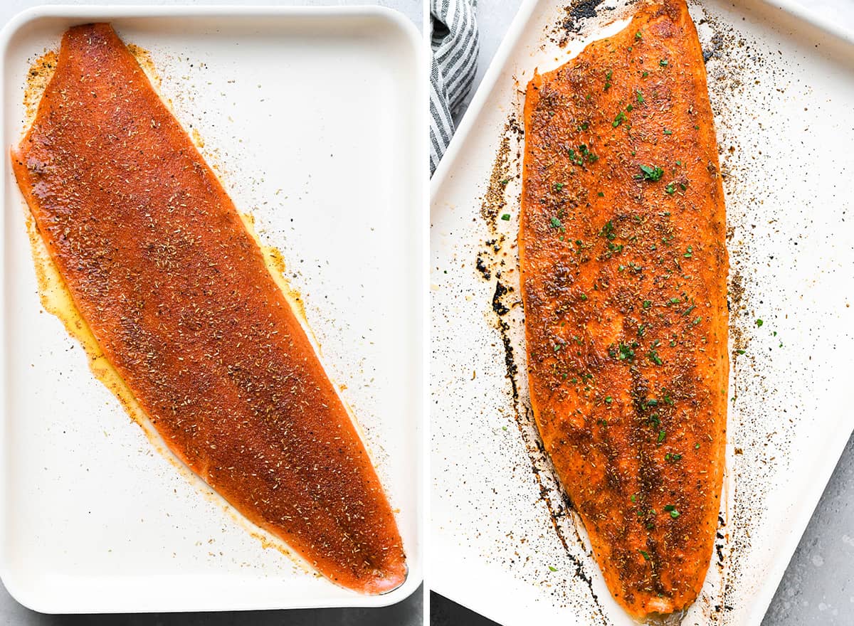 two photos showing How to Bake Salmon - salmon on a baking sheet before and after baking