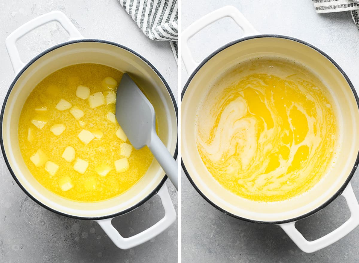 two photos showing how to brown butter - butter melting
