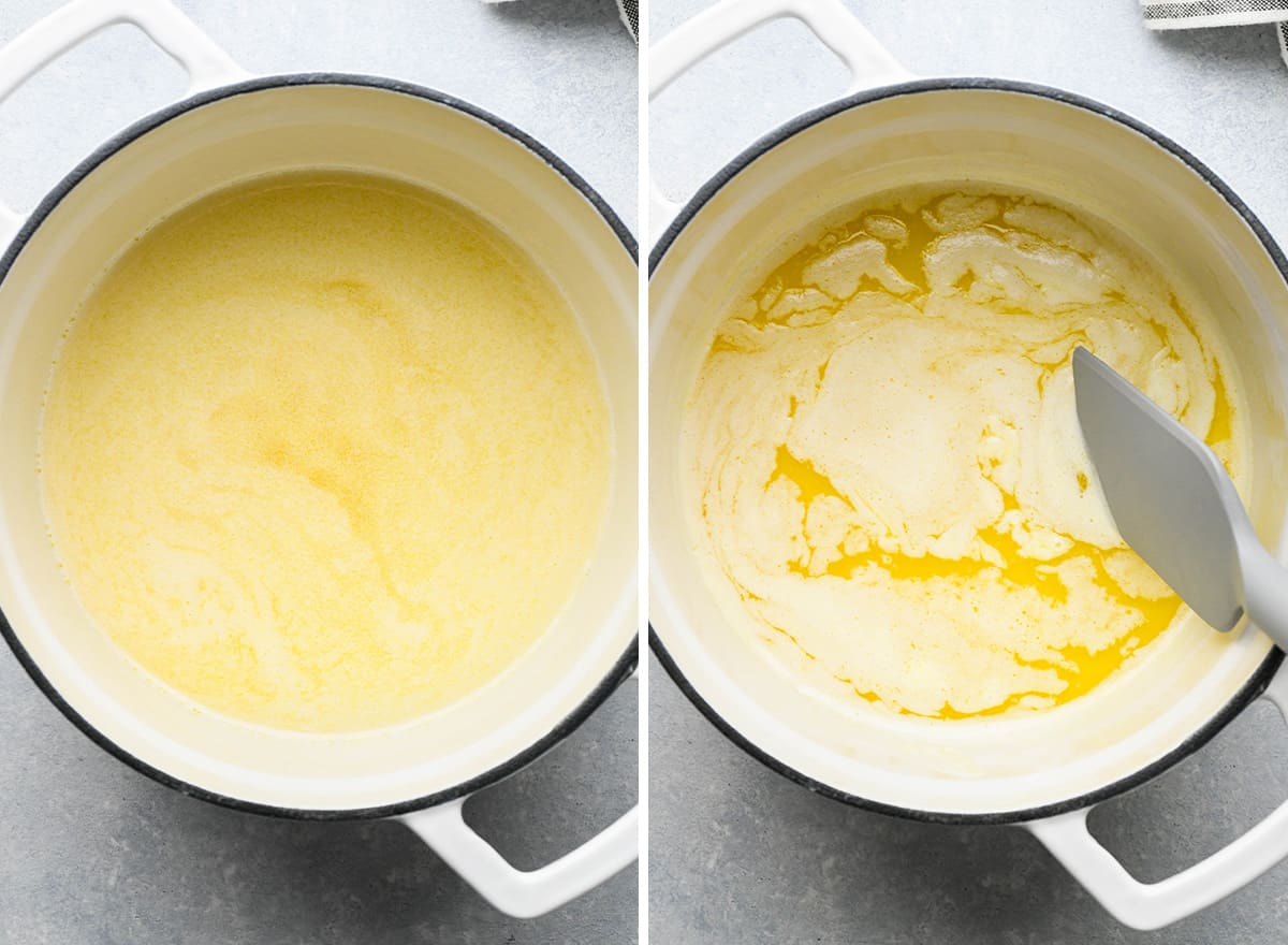 two photos showing how to brown butter - butter foaming
