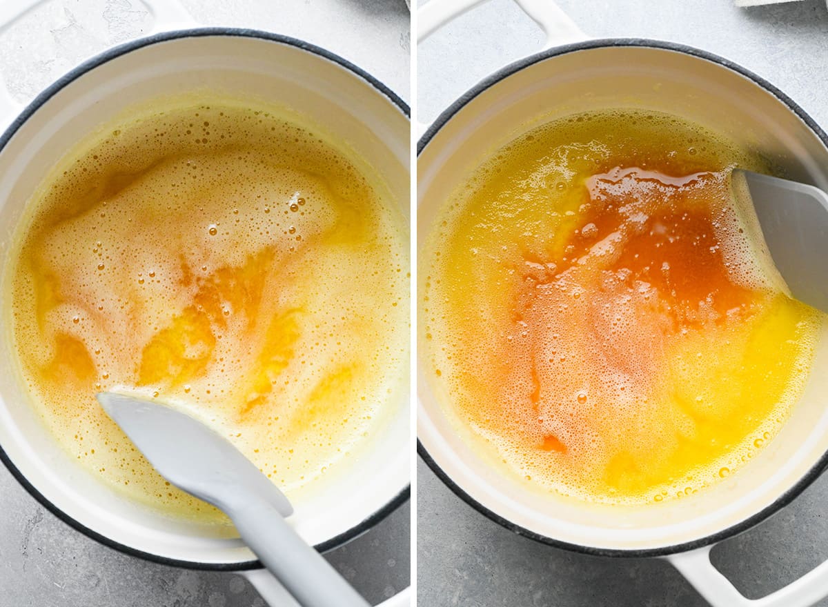 two photos showing how to brown butter - as it starts to brown