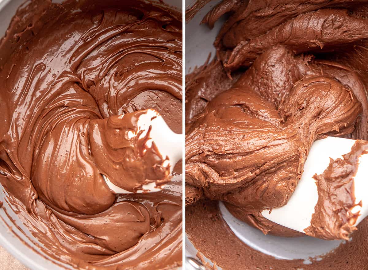 two photos showing How to Make Chocolate Fudge - beating until no longer shiny