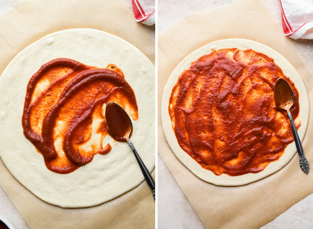 two photos showing How to Make Pepperoni Pizza - spreading sauce on dough