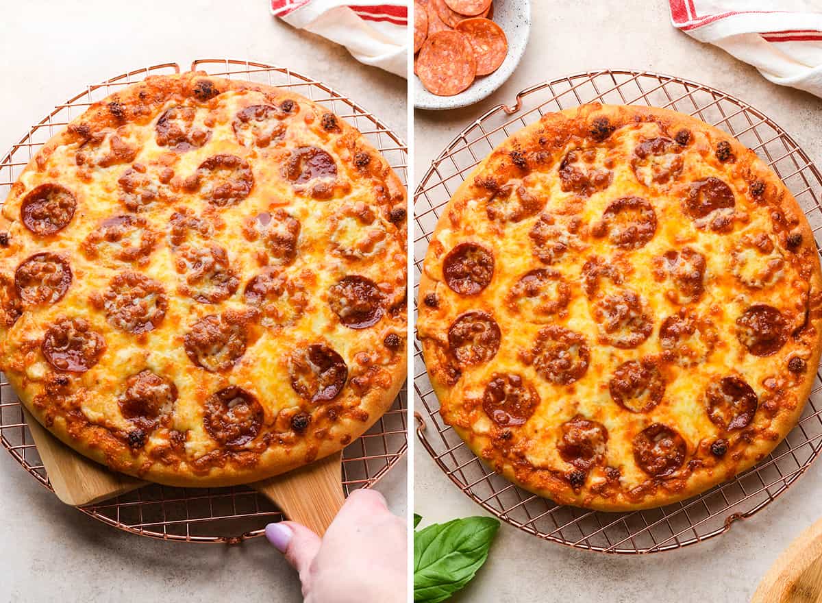 two photos showing pepperoni pizza on a pizza peel then cooling rack after cooking
