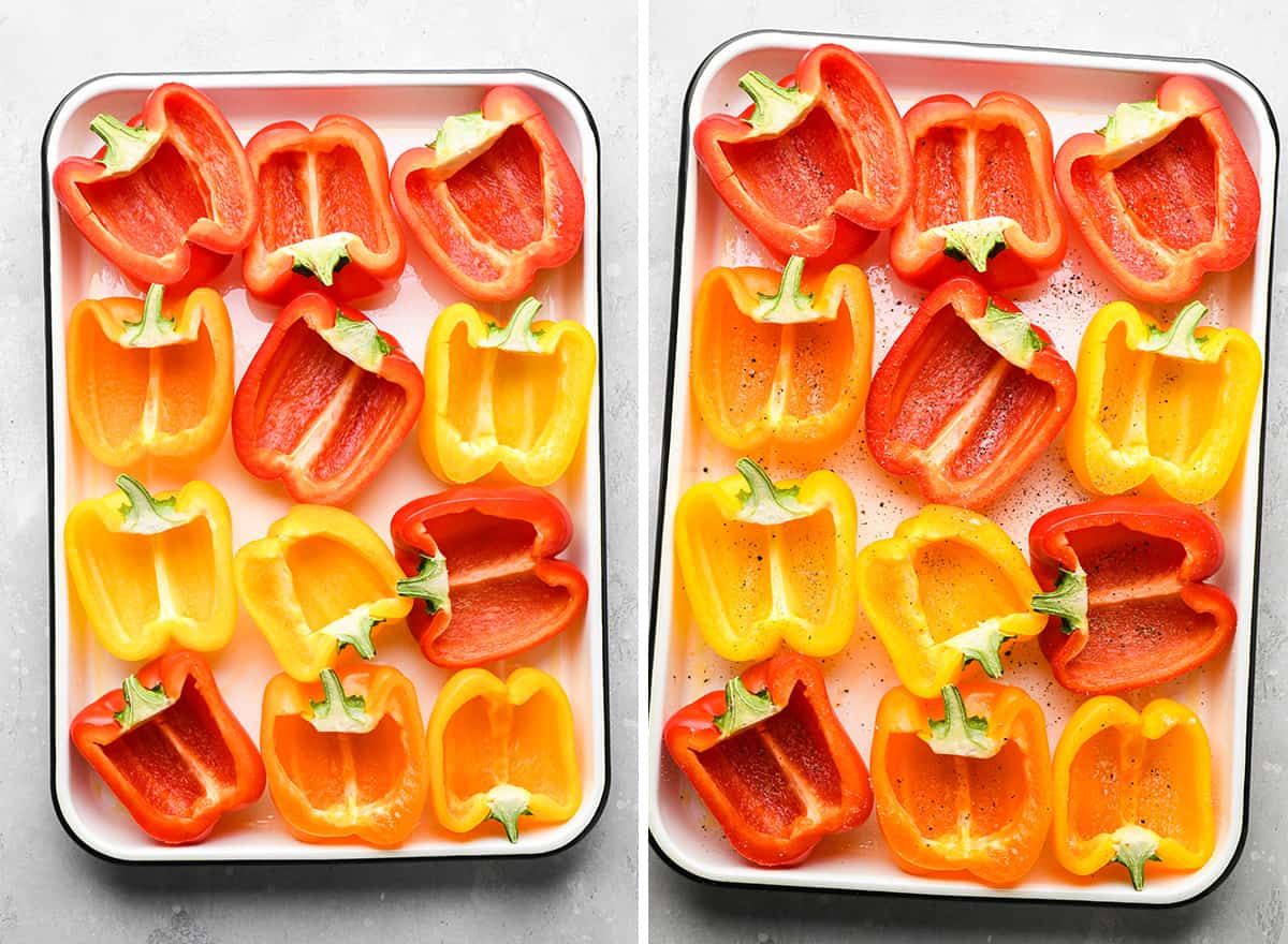 two photos showing 12 bell pepper halves on a baking dish befor ebaking