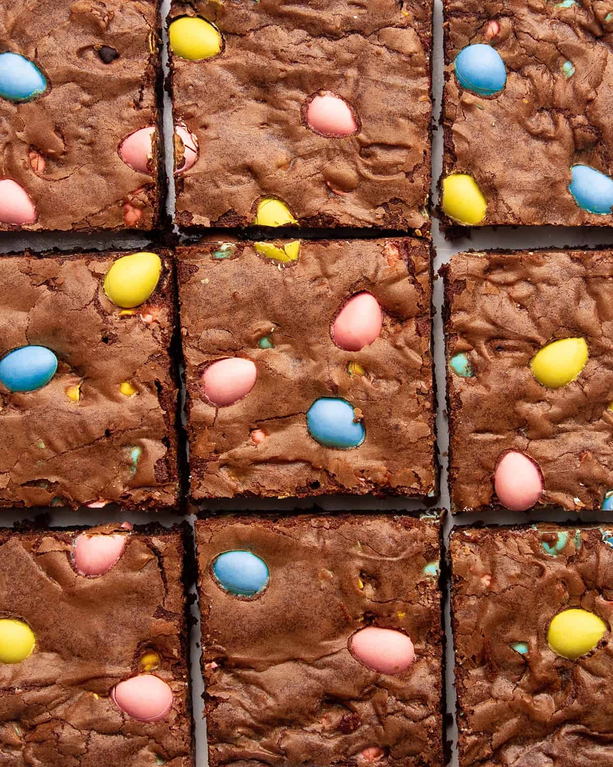 9 mini egg brownies cut into squares