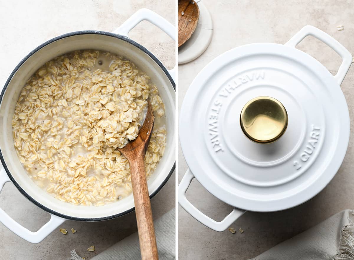 two photos showing how to make Peanut Butter Oatmeal - cooking the oatmeal