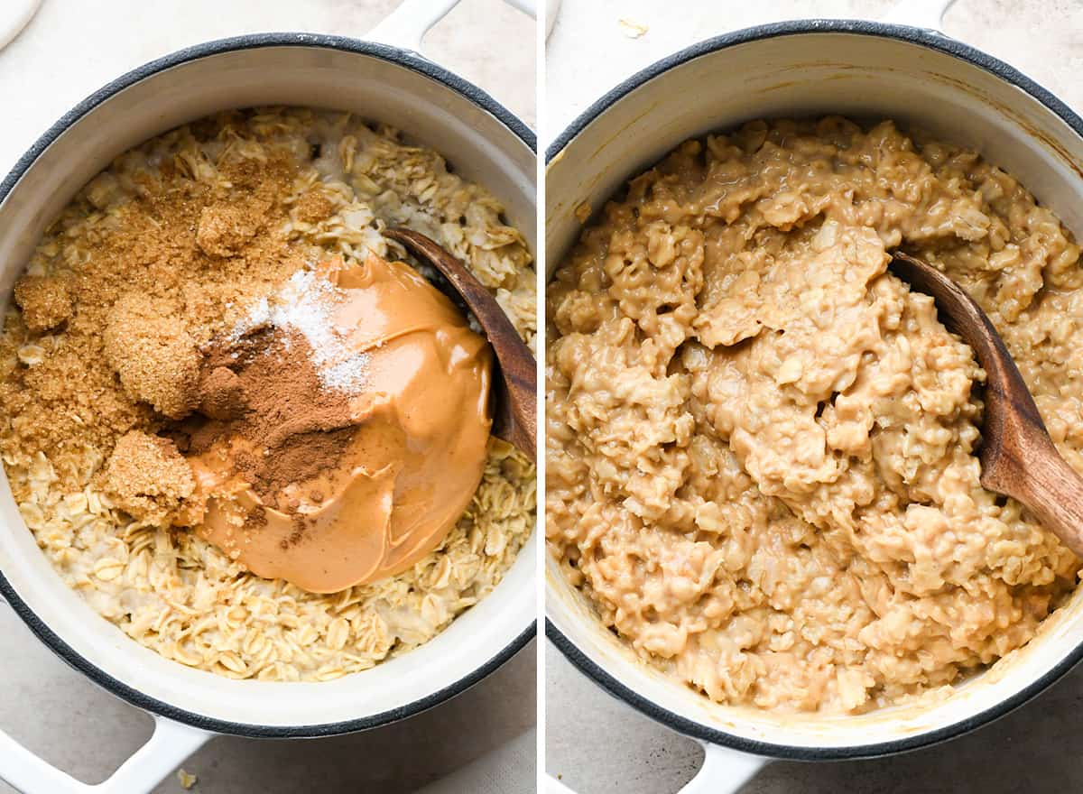 two photos showing adding ingredients to cooked oatmeal to make Peanut Butter Oatmeal