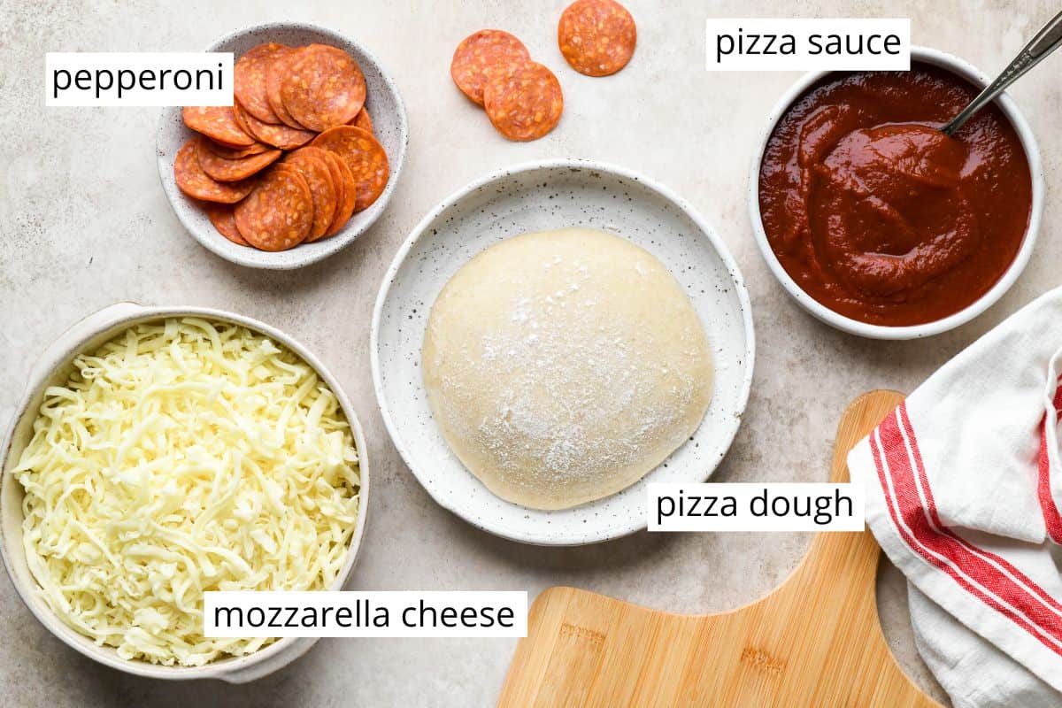 overhead photo of the ingredients in this Pepperoni Pizza recipe