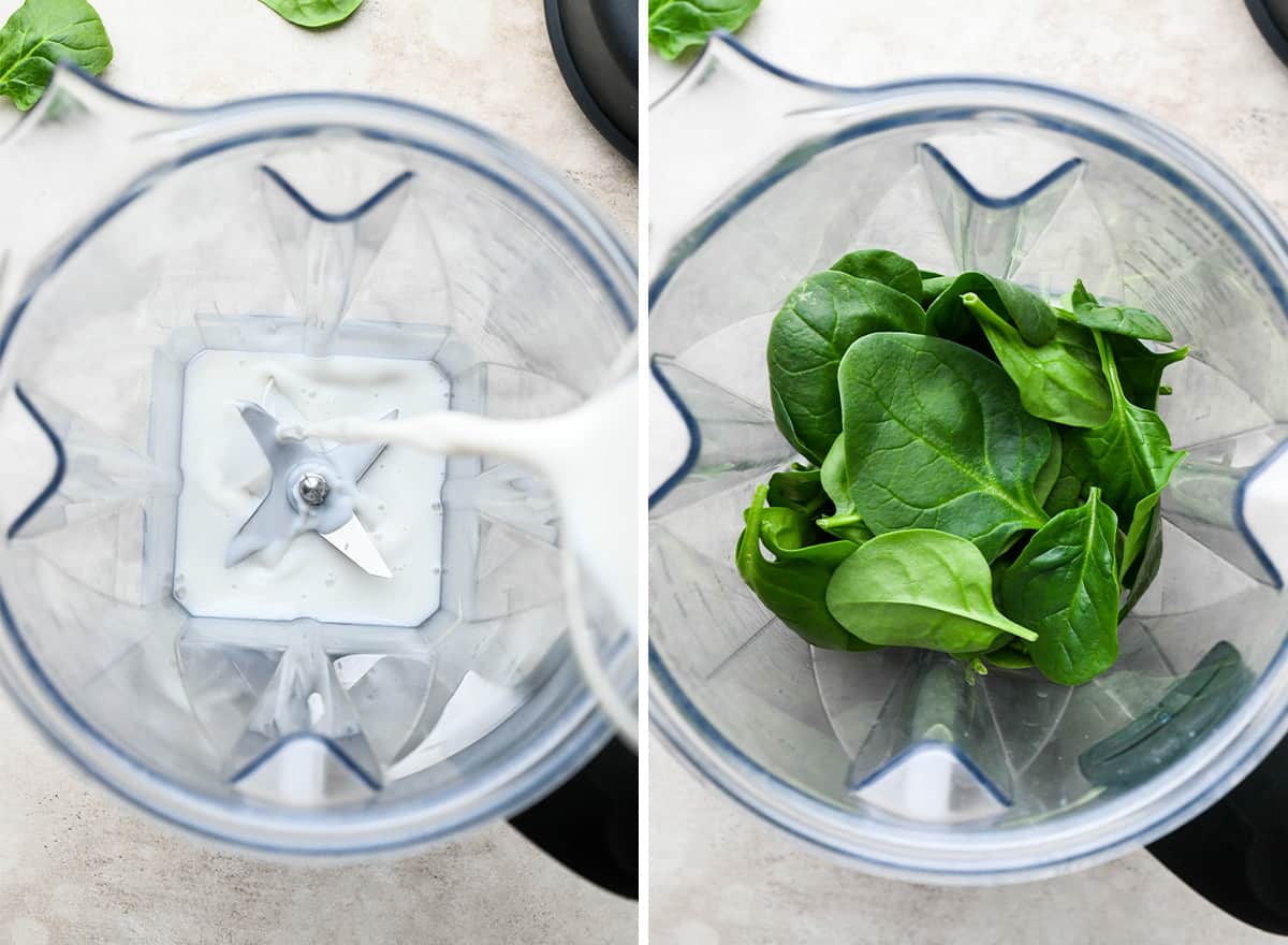 two photos showing how to make a Spinach Smoothie - adding milk and spinach to a blending container