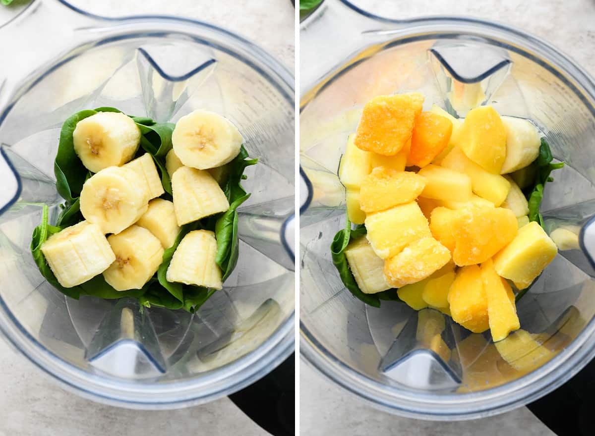 two photos showing how to make a Spinach Smoothie - adding frozen fruit