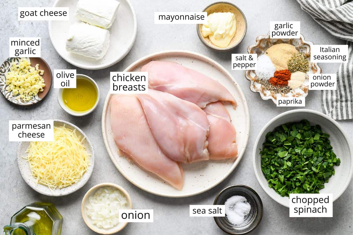 overhead photo of the ingredients in this Spinach Stuffed Chicken Breasts recipe
