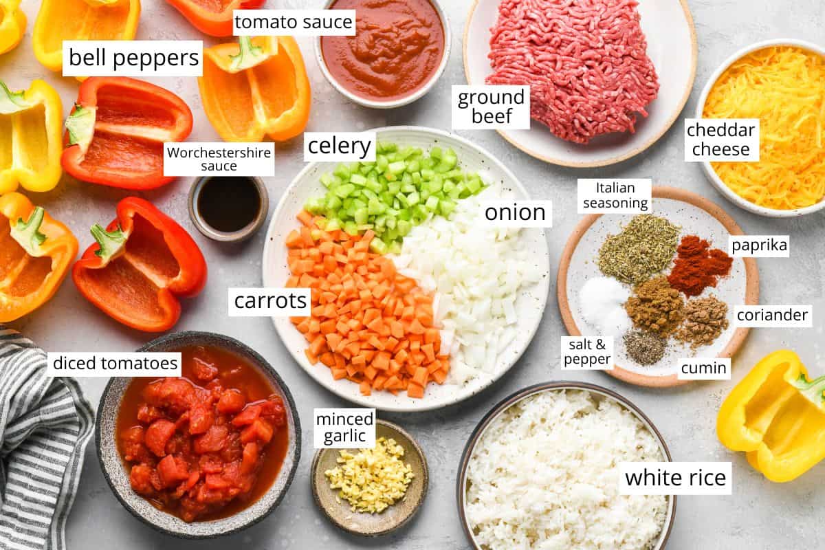 overhead photo of the ingredients in this Stuffed Peppers Recipe